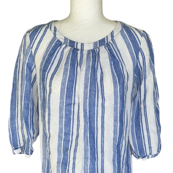 Boden Blue & White Striped Print Linen Button Back 3/4 Sleeve Top Blouse - 8 - Picture 3 of 8